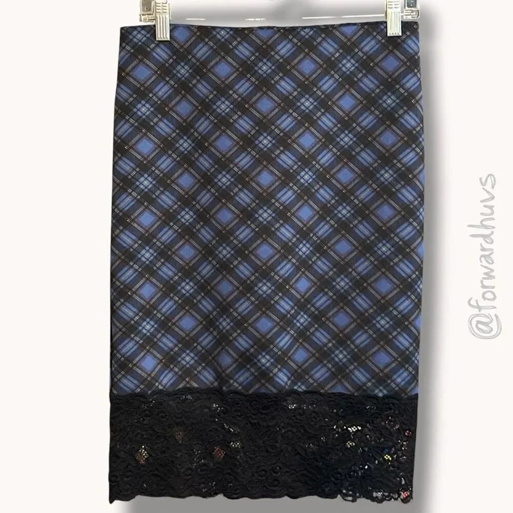 Forever 21 Y2K Blue Plaid Pencil Skirt Lace Hem Preppy Goth L